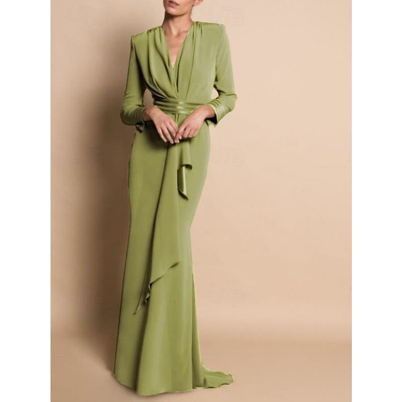 Beach Wedding Sheath Mother of the Bride Dress Formal Wedding Guest Elegant Party V Neck Sweep / Brush Train Stretch Chiffon Long Sleeve with Draping Ruching free custom size