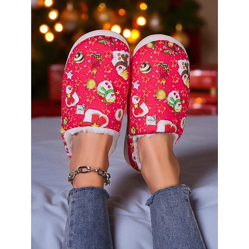Women's Red Christmas Slippers with Snowman & Holiday Print, Warm Plush Indoor House Shoes for Winter & Holiday Gift3