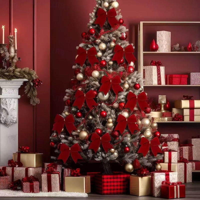 12pcs Christmas Ribbon Bows Ornaments Xmas Tree Decorations – 6-Inch Velvet Bows in Red, Brown & Green, Rustic Wreath and Gift Bows, Vintage Holiday Decor for Tree, DIY Crafts and Wrapping4