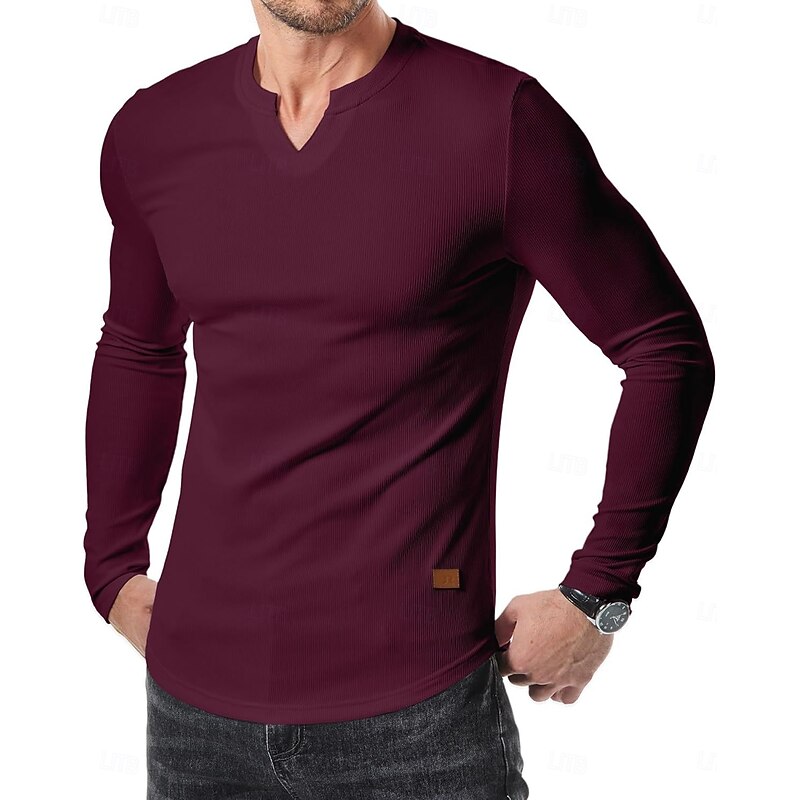 Men's Waffle T-shirt T Shirt Long Sleeve V Neck Fall Solid Color Traditional / Vintage Casual Plain Outdoor Home Sports & Outdoor Black Burgundy Navy Blue Top Tee for Men
