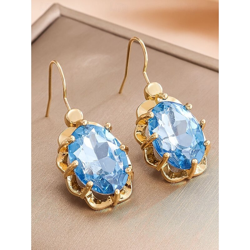 Women's Christmas Drop Earrings with Large Oval Crystal Gemstones, Elegant Gold-Tone Dangle Jewelry, Festive Holiday Party Accessories