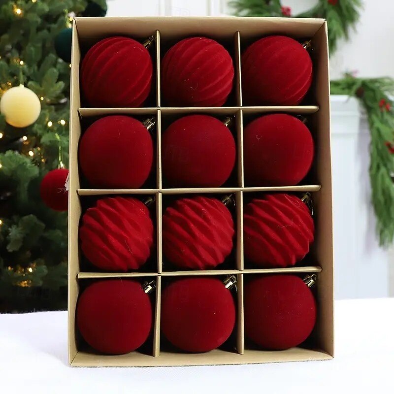 12pcs Christmas Red Velvet Ball Ornaments Baubles Snowball Ornaments with Gold Tassels Tree Decorations, Holiday Home Decor, Perfect for Festive Tree and Christmas Decor Set - Main Image