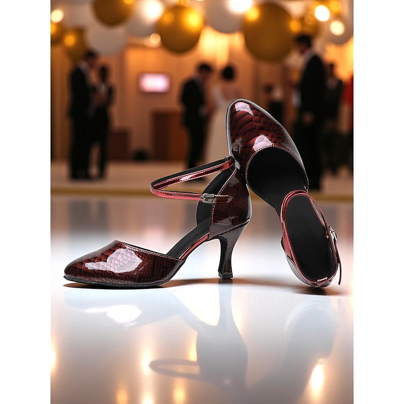Women's Burgundy Faux Leather Ballroom Dance Shoes - Closed Toe Ankle Strap High Heel Pumps with Snake Pattern for Professional Dance Party3