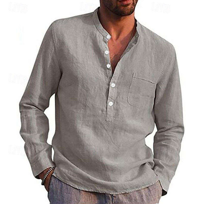 Men's Linen Shirt Band Collar Shirt Summer Shirt Beach Wear Solid Color Daily Hawaiian Black White Wine Navy Blue Long Sleeve Henley Spring & Fall Clothing Apparel Collared Shirts3