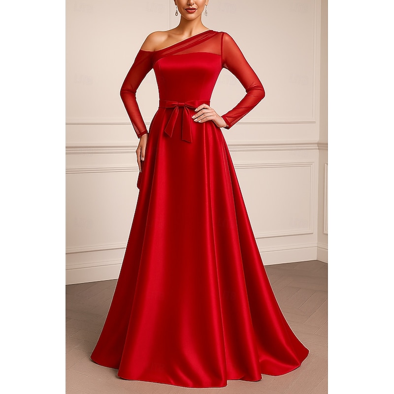 Black Tie A-Line Evening Gown Elegant Formal Dress Formal Wedding Floor Length Long Sleeve Off Shoulder Pocket Satin with Pleats 20254