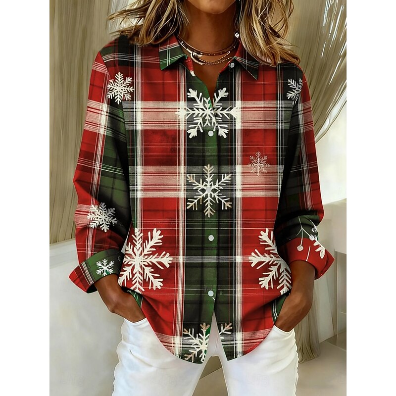 Christmas Women's Shirt Blouse Graphic Geometric Plaid Vintage Classic Casual Long Sleeve Shirt Collar Regular Tops Daily Patchwork Buttons Print Yellow Red Green Summer Spring Fall Winter3