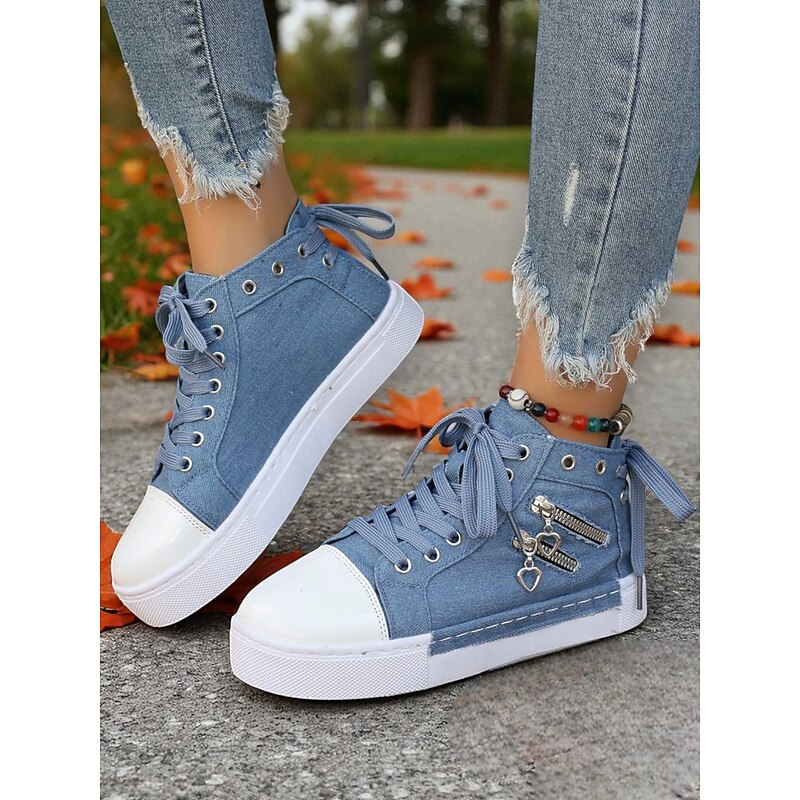 Women's Blue Canvas High Top Sneakers with White Toe Cap and Zipper Charm Detail, Casual Lace-Up Canvas Shoes for Streetwear, Travel & Everyday Outfits2