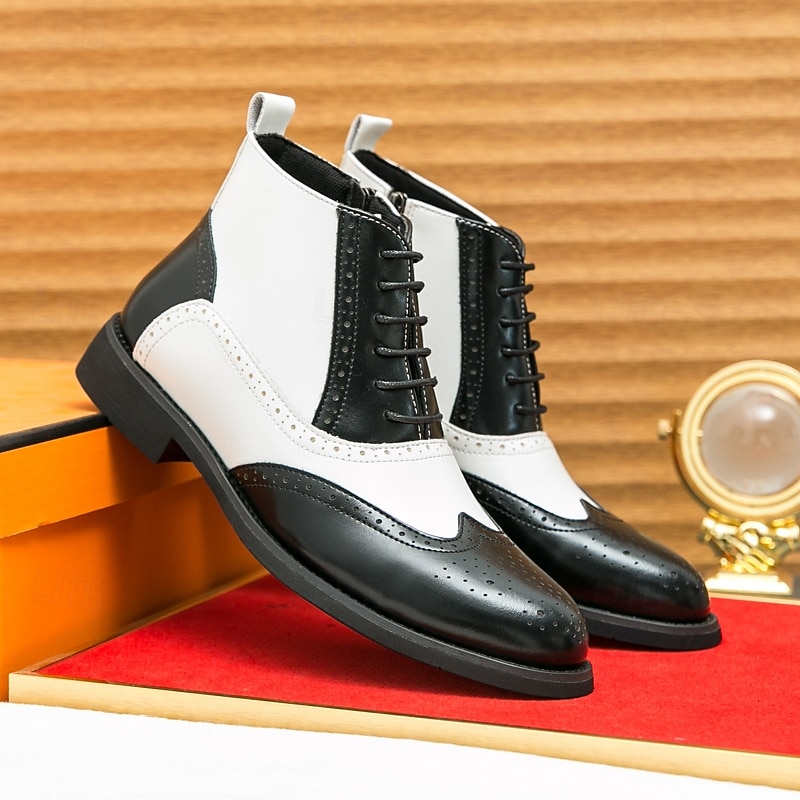 Men's Black and White Oxford Ankle Boots with Wingtip Design, Two-Tone Formal Dress Shoes for Gatsby Parties, Stage Performances and Office Wear3