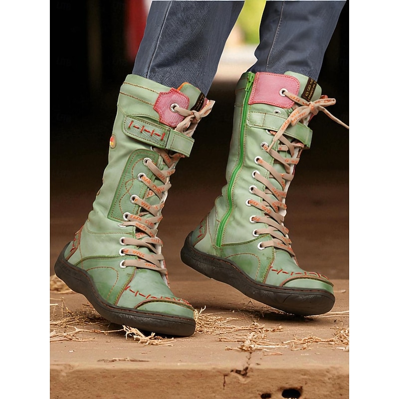 Women's Genuine Leather Lace-Up Mid-Calf Boots with Side Zipper and Colorful Stitching, Vintage Casual Fashion Boots for Winter Outfits & Outdoor Wear3