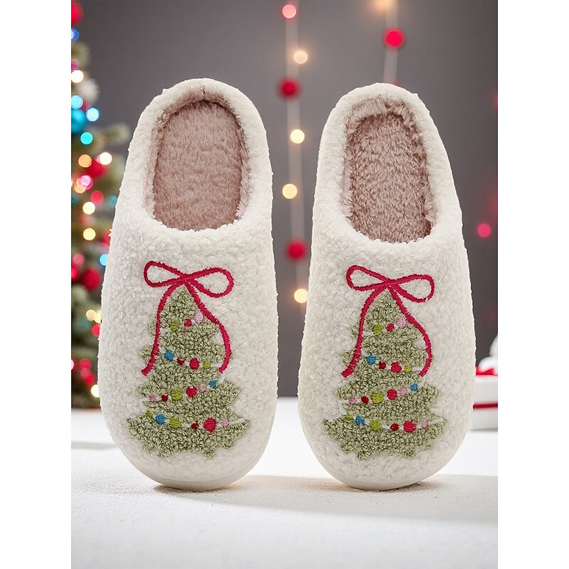 Women's White Christmas Tree Slippers with Plush Lining, Cozy Winter House Shoes for Holiday Party & Gift Giving