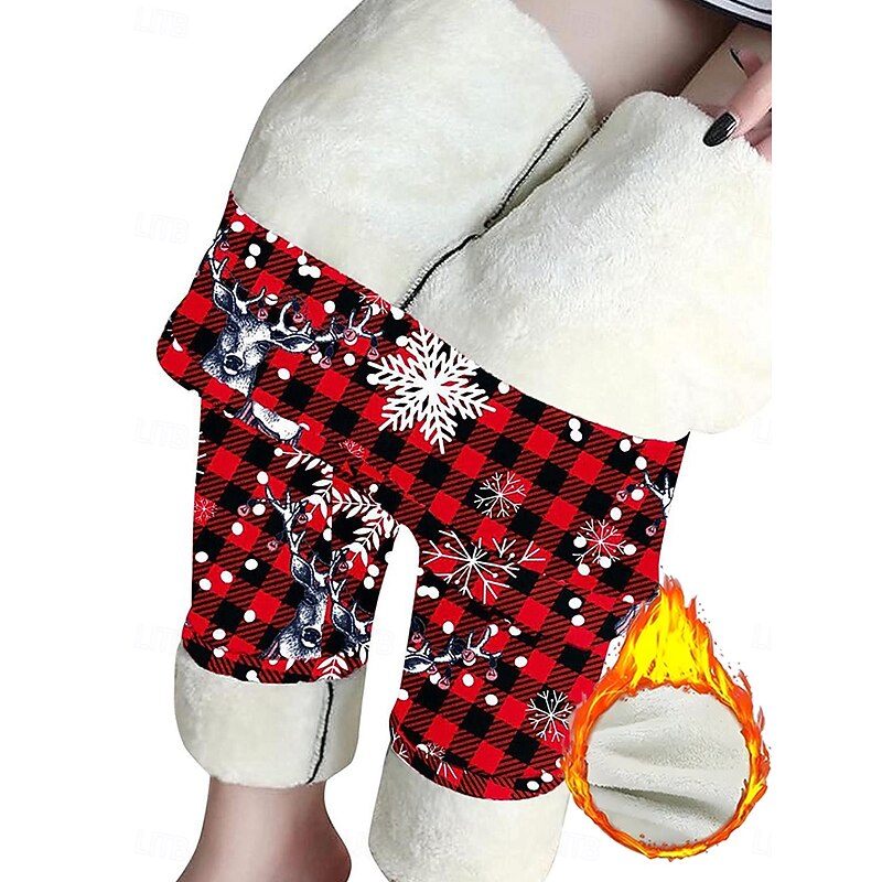 Christmas Women's Leggings Cozy Leggings Vacation Vintage Fashion Full Length High Waist Pants Graphic Snowflake Printing Fleece Thermal Warm Comfy Stretchy Outdoor Casual Daily Black Red Blue