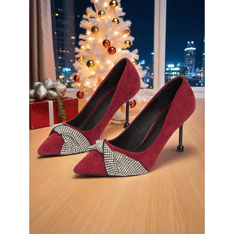 Women's Burgundy Suede Pointed Toe Heels with Rhinestone Bow, Elegant Mid Heel Pumps for Christmas Party & Cocktail Events4