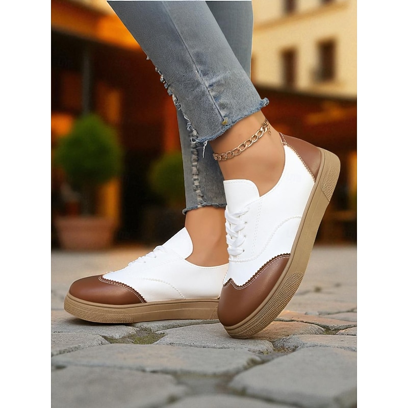 Women's Brown and White Oxford Style Casual Sneakers - Retro Lace-Up Comfortable Walking Shoes for Daily Wear, Travel & Outdoor Activities4