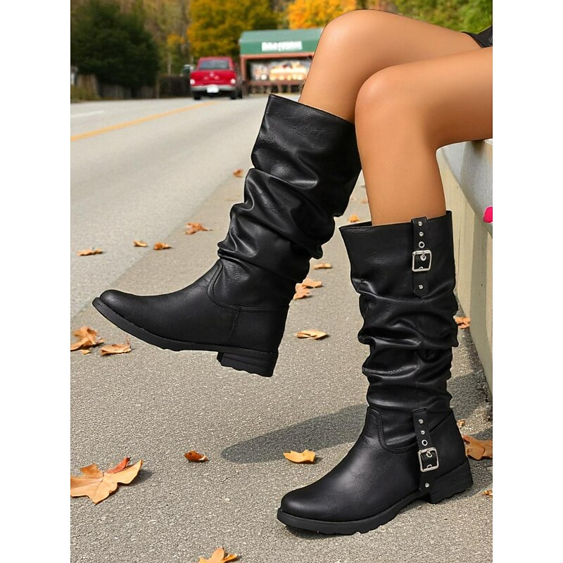 Women's Black Ruched Mid-Calf Boots – Stylish Buckled Slouchy Boots for Date Nights and Casual Street Fashion2