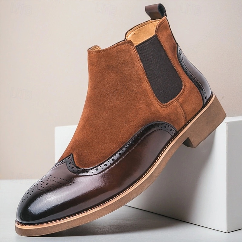 Men's Brown and Black Chelsea Boots with Brogue Detailing, Genuine Faux Leather Slip-On Ankle Boots for Business, Weddings and Smart Casual Wear