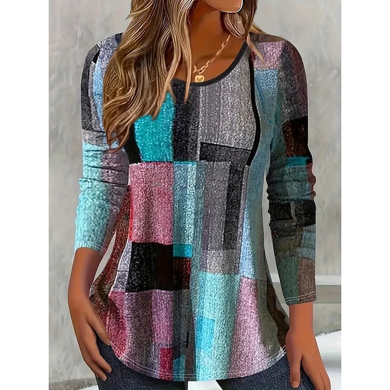 Women's T Shirt Ombre Graphic Geometric Vintage Fashion Stylish Long Sleeve Crew Neck Round Neck Regular Tops Daily Weekend Print White Blue Brown Summer Spring Fall2