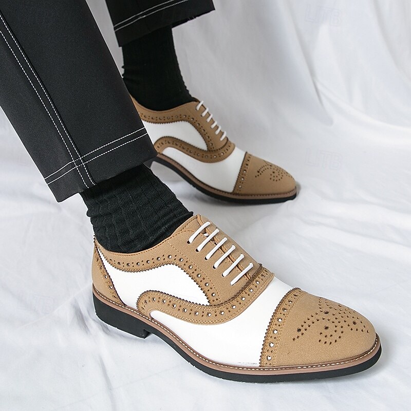 Men's Brown and White Brogue Oxford Shoes with Classic Perforated Design, British Style Leather Dress Shoes for Business, Weddings and Formal Events2