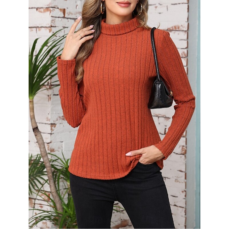 Women's Blouse Solid Color Stylish Casual Long Sleeve Turtleneck Regular Tops Daily Ruched Pink Wine Orange Green Khaki Spring Fall Winter