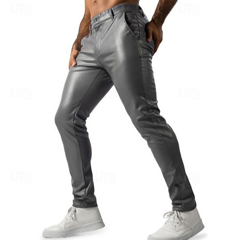Men's Trousers Faux Leather Pants Casual Pants Pocket Plain Wearable Moisture Wicking Full Length Party Casual Daily Fashion Streetwear Black Grey Micro-elastic4