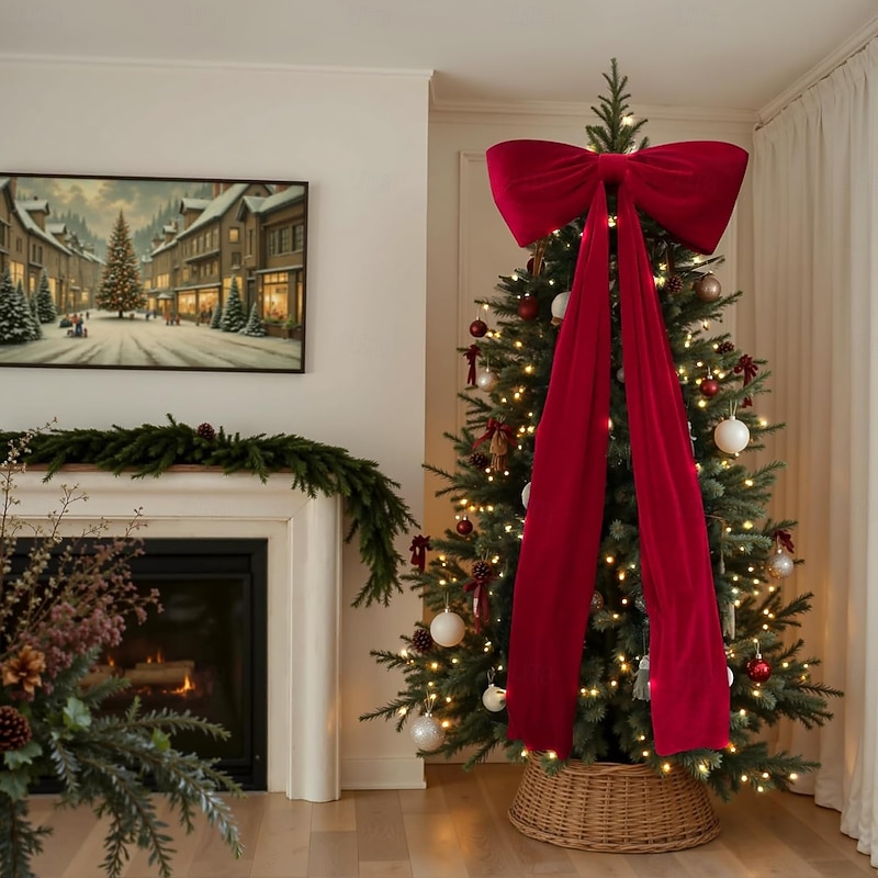 6 Ft Giant Bows for Christmas Tree Big Red  White Velvet Bow for Tree Topper Window Wall Mantle - Indoor Home Room Party Valentines Xmas Decoration