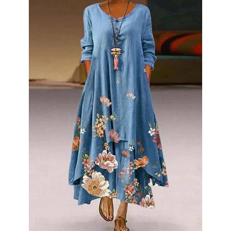 Women's Maxi Dress A Line Dress Casual Outdoor Going out Regular Fit Floral Graphic Long Sleeve V Neck Royal Blue Blue Green Khaki Fall2