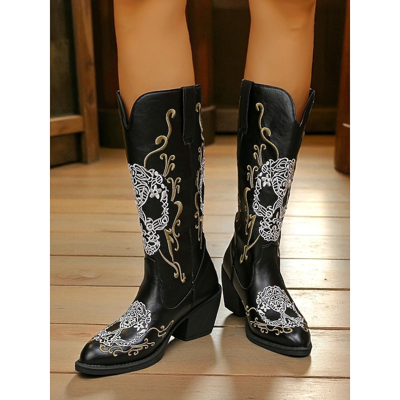 Women's Black Faux Leather Cowboy Boots with Skull Embroidered Western Design, Pointed Toe Block Heel Cowgirl Boots for Rodeo, Country Concerts & Festival Outfits3