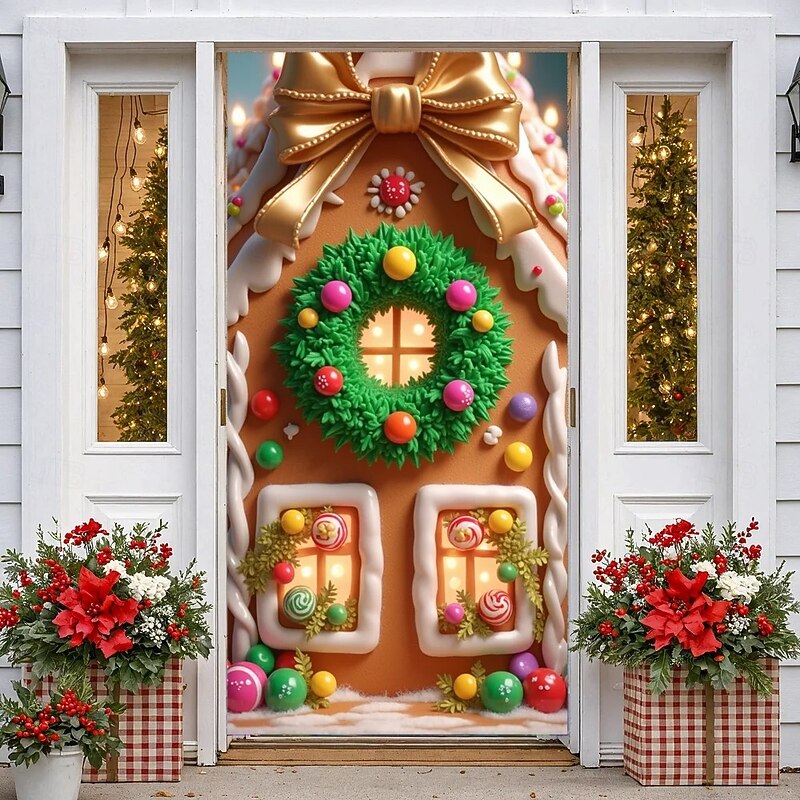 Christmas Door Cover Animated Style Holiday Decoration Drapes with Gingerbread House Christmas Wreath and Golden Bow Print for Home Entryway Living Room Bedroom Indoor Outdoor Festive Winter Decor3