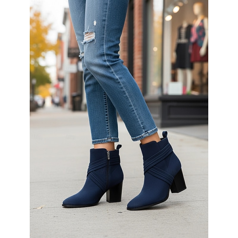 Women's Blue Suede Ankle Boots – Stylish Block Heel Short Booties with Side Zipper for Casual Fall and Winter Outfits