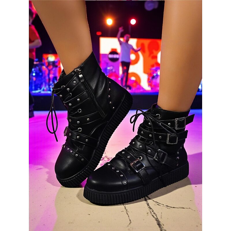 Women's Black Faux Leather Punk Biker Boots with Buckles & Studs, Gothic Lace-Up Platform Ankle Booties for Concerts, Parties & Streetwear Fashion2