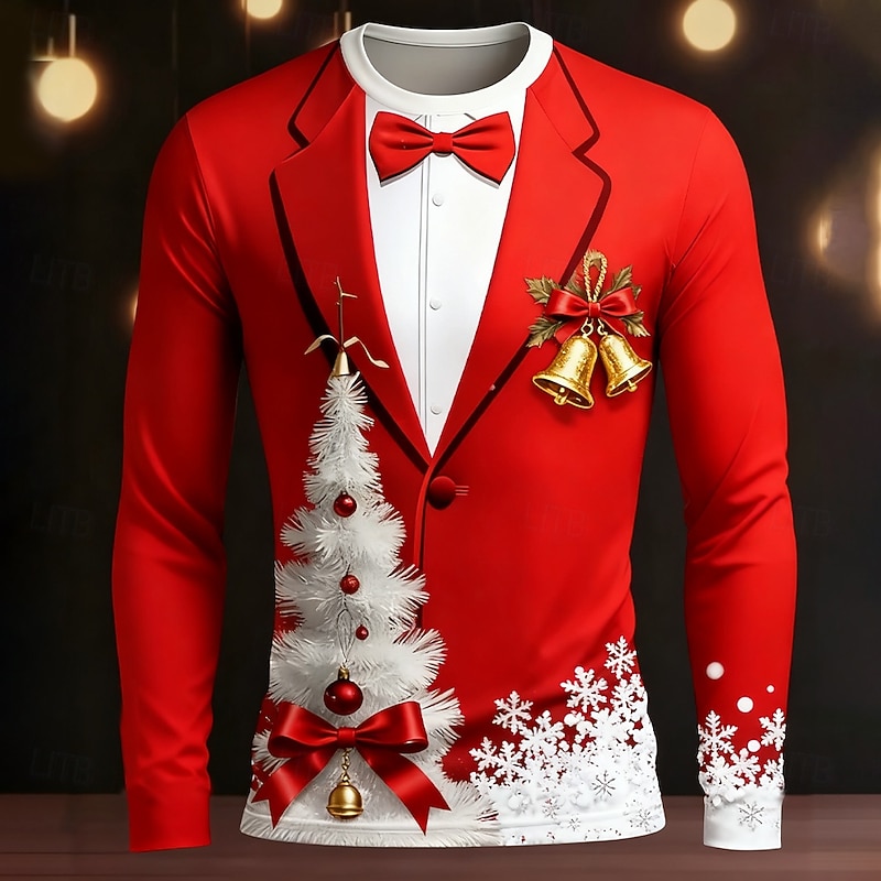 Christmas Men's Tuxedo Costume T Shirt Long Sleeve T shirt 3D Print Crew Neck Shirt Fashion Basic 3D Street Casual Daily Red Red 2 Summer Spring Clothing Apparel S M L XL XXL XXXL