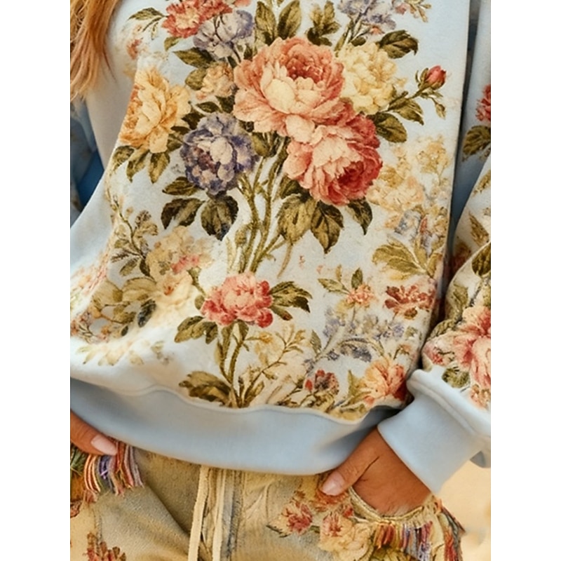 Women's Pullover Sweatshirts Floral Fashion Streetwear Classic Long Sleeve Crew Neck Round Neck Regular Tops Dailywear Casual Print Blue Spring Fall3