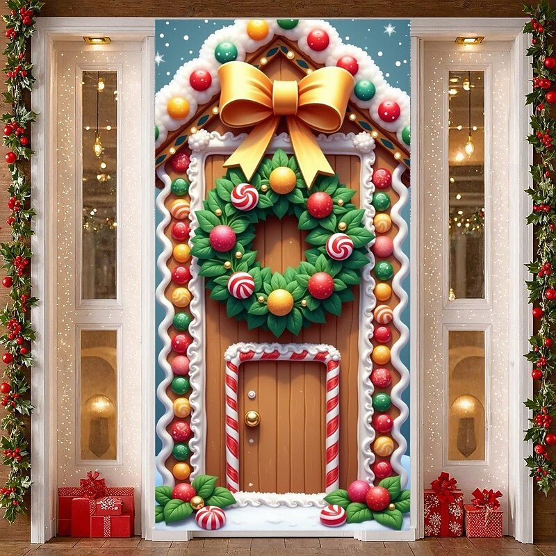 Christmas Door Cover Animated Style Holiday Decoration Drapes with Gingerbread House Christmas Wreath and Golden Bow Print for Home Entryway Living Room Bedroom Indoor Outdoor Festive Winter Decor4