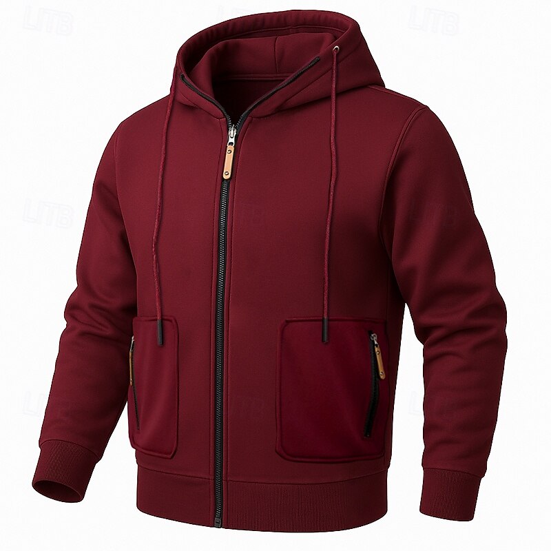 Men's Hoodie Full Zip Hoodie Fleece Hoodie Fleece lined Hoodie Black Burgundy Hooded Plain Sports & Outdoor Casual Daily Streetwear Cool Sportswear Fall Winter Clothing Apparel Hoodies Sweatshirts