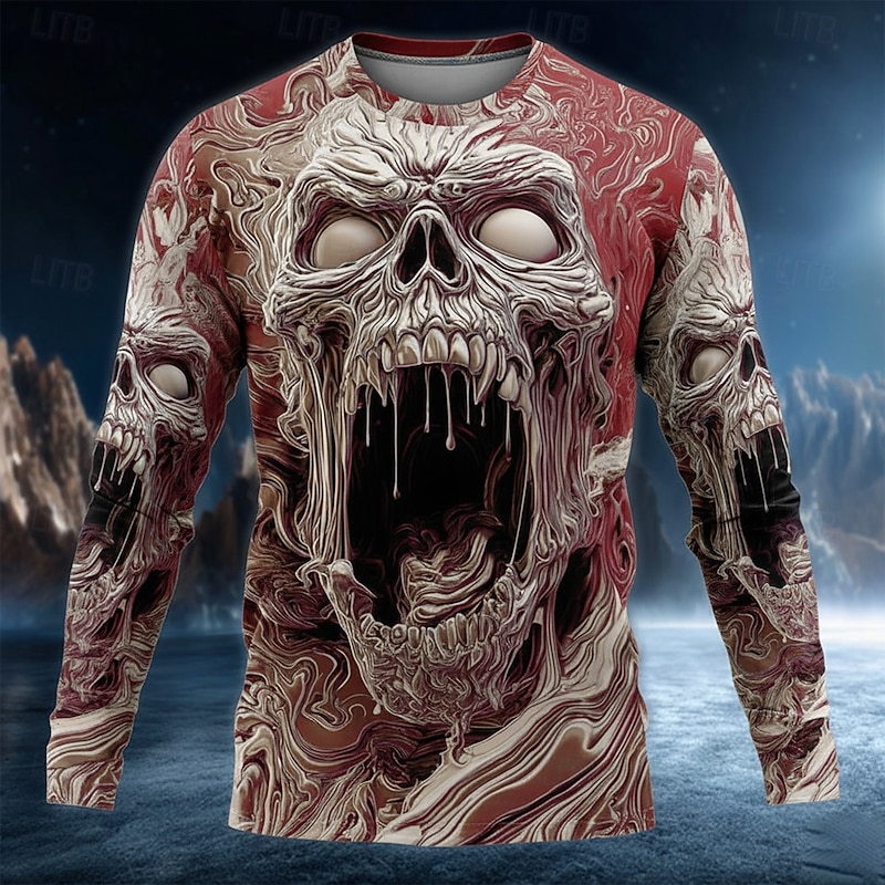 Halloween Men's Skull T Shirt Long Sleeve T shirt 3D Print Crew Neck Shirt Fashion Exaggerated Street Casual Daily Red Blue Purple Summer Spring Fall Clothing Apparel S M L XL XXL XXXL3
