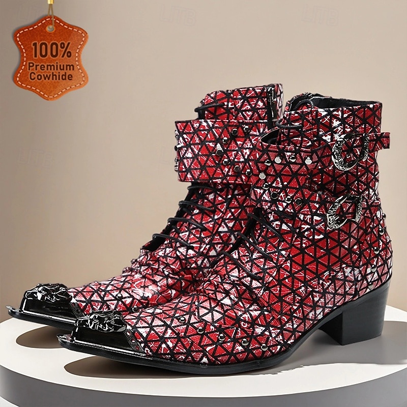 Men's Red Genuine Leather Punk Ankle Boots with Geometric Pattern and Double Buckle Straps, 100% Cowhide Western Style Boots for Stage and Nightclub Fashion