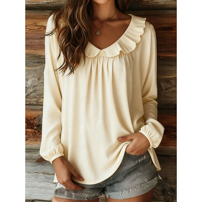 Women's Blouse Solid Color Stylish Casual Long Sleeve Crew Neck Regular Tops Daily Ruffle Navy Blue Blue Fuchsia Apricot Spring Fall Winter3
