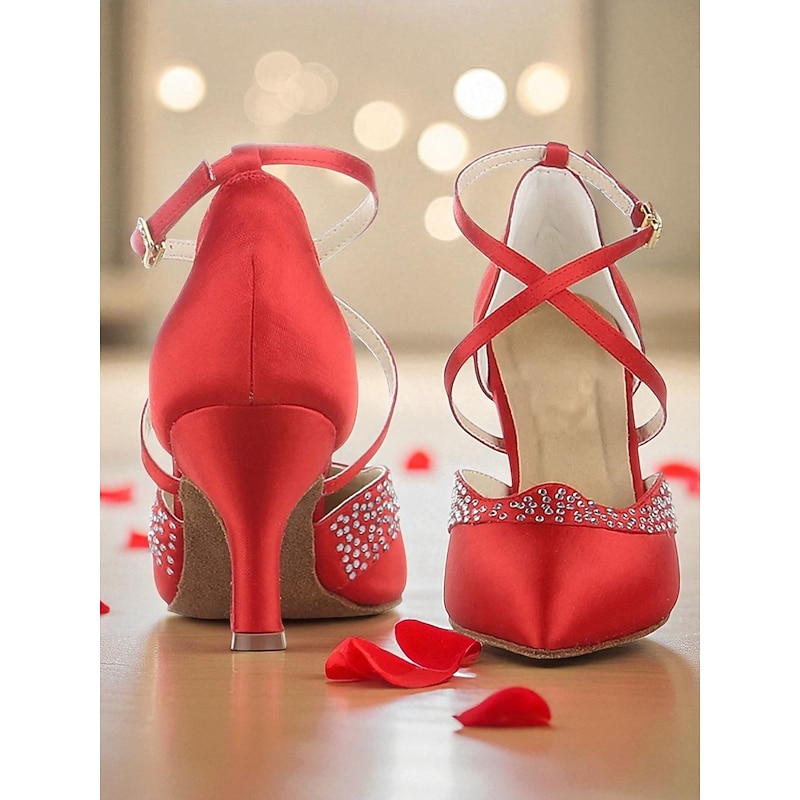 Women's Red Satin Ballroom Dance Shoes - Closed Toe Cross Strap High Heel Pumps with Rhinestone Detail for Gatsby Party & Professional Dance Party4