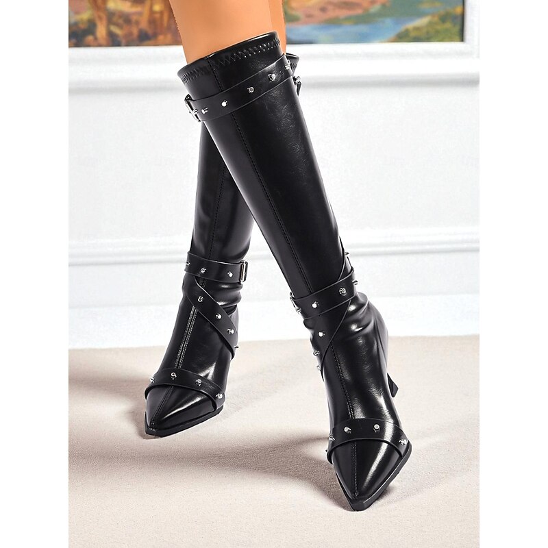 Women's Black Knee High Boots with Studded Buckle Straps and Pointed Toe, Gothic Punk Fashion Heeled Boots for Night Out & Cosplay Parties3