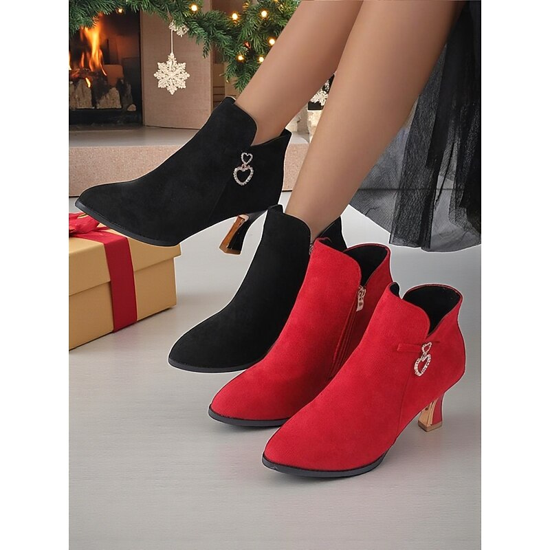 Women's Suede Ankle Boots with Rhinestone Heart Charm and Gold Heels, Elegant Pointed Toe Short Boots for Christmas Parties, Winter Outfits & Date Nights