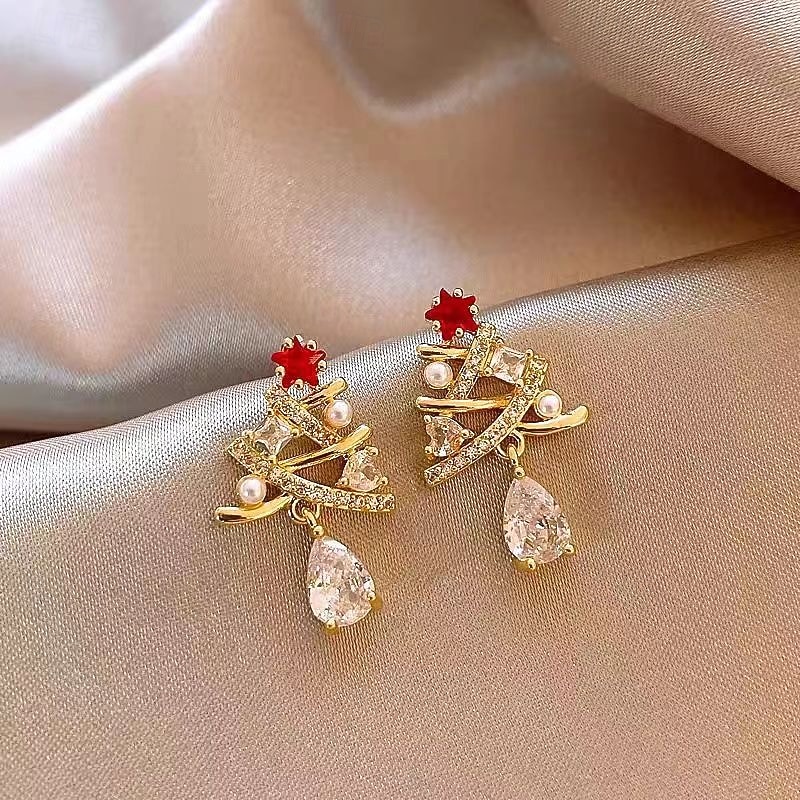 Christmas Tree Earrings with Pearls, Crystals, and Red Star
