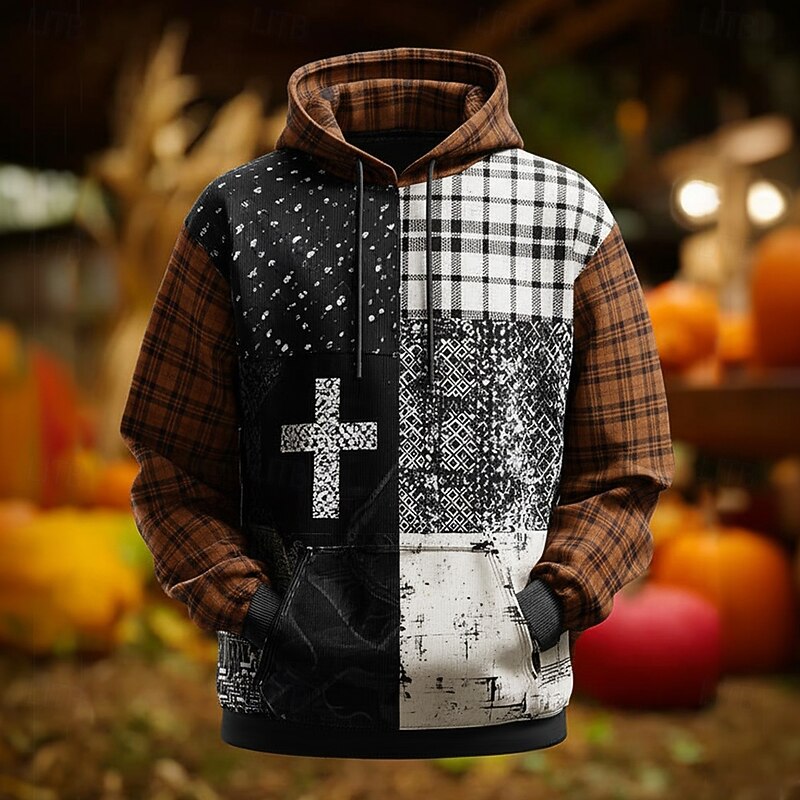 Men's American US Flag Cross Hoodie Sweatshirt Fashion Plaid Crew Neck Outdoor Office Streetwear Red Brown Drawstring Graphic Fall Winter Designer2