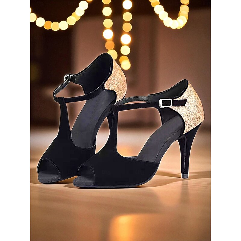 Women's Black and Gold Glitter Ballroom Dance Shoes - Peep Toe T-Strap High Heel Sandals for Gatsby Party & Professional Dance Party4