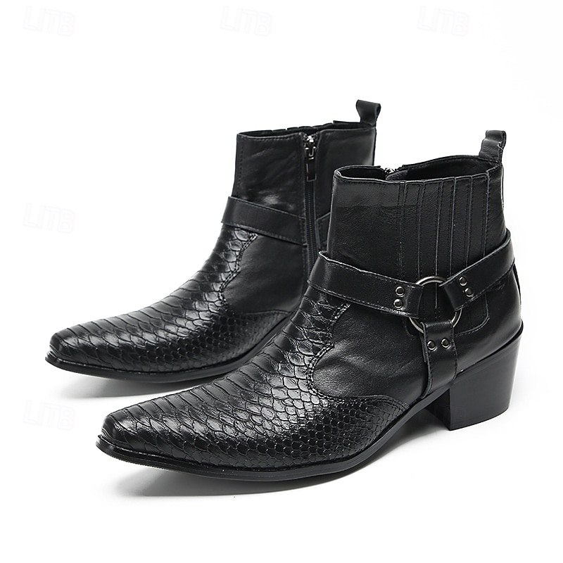 Men's Black Genuine Leather Harness Boots with Crocodile Pattern and Block Heel, Cowhide Motorcycle Cowboy Boots for Stage, Club and Gothic Fashion2