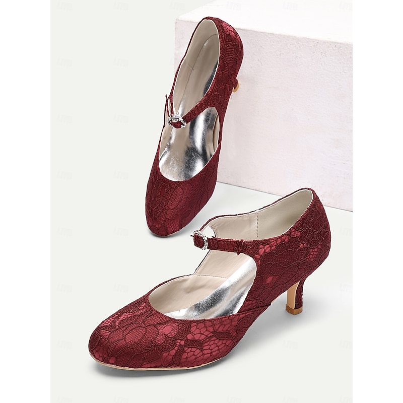 Women's Burgundy Lace Mary Jane Heels with Kitten Heel and Rhinestone Buckle - 1920s Elegant Retro Shoes for Ladies, Ideal for Weddings, Dance Parties & Formal Occasions4