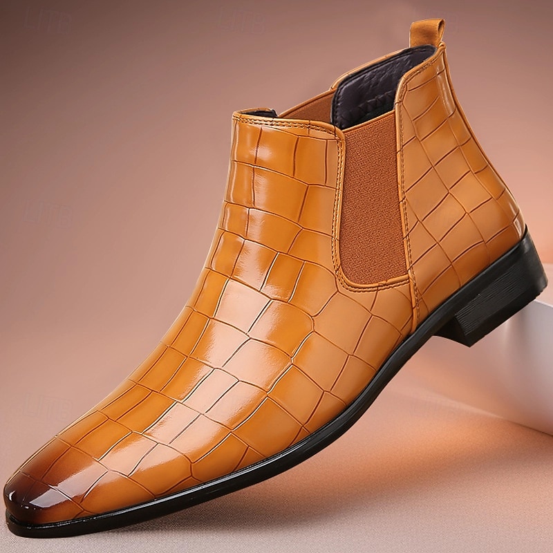 Men's Tan Genuine Faux Leather Chelsea Boots with Elastic Side Panels and Smooth Finish, Elegant Dress Ankle Boots for Business, Parties and Formal Occasions