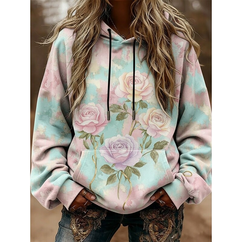 Women's Pullover Hoodies Floral Fashion Streetwear Casual Long Sleeve Hooded Regular Tops Dailywear Casual Sports Drawstring Pocket Print Green Spring Fall