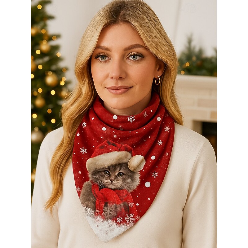 Women's Christmas Cat Print Scarf, Cozy Red Triangle Neck Wrap with Santa Hat Kitten Design, Soft Winter Shawl for Holiday Parties & Gifts2