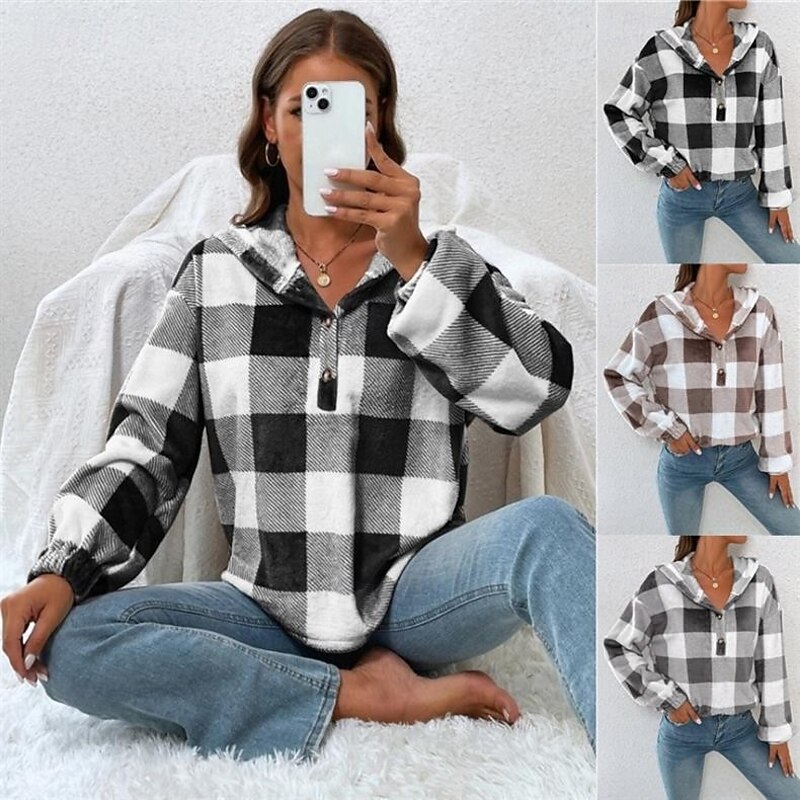 Women's Pullover Hoodie Sweatshirt Plaid Casual Long Sleeve Hooded Regular Tops Street Dailywear Pocket Print Black Brown Khaki Gray Fall Winter
