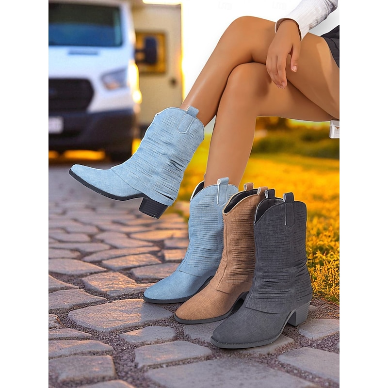 Women's Denim Western Cowboy Boots - Fashion Mid-Calf Pointed Toe Pull-On Cowgirl Boots for Rodeo, Country Concerts & Outdoor Festivals