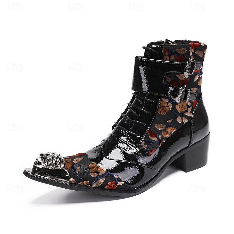 Men's Black Genuine Leather Floral Gothic Boots with Metal Toe Cap and Lace-Up Design, Cowhide Stage Performance Cowboy Boots for Rock and Nightclub Style2